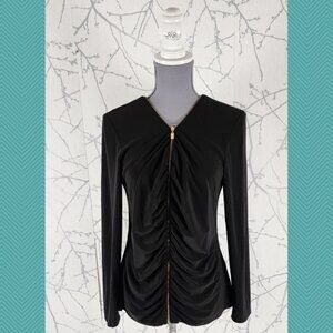 Scapa Lauren Perre Black Stretch Knit Ruched Zip Front Blouse